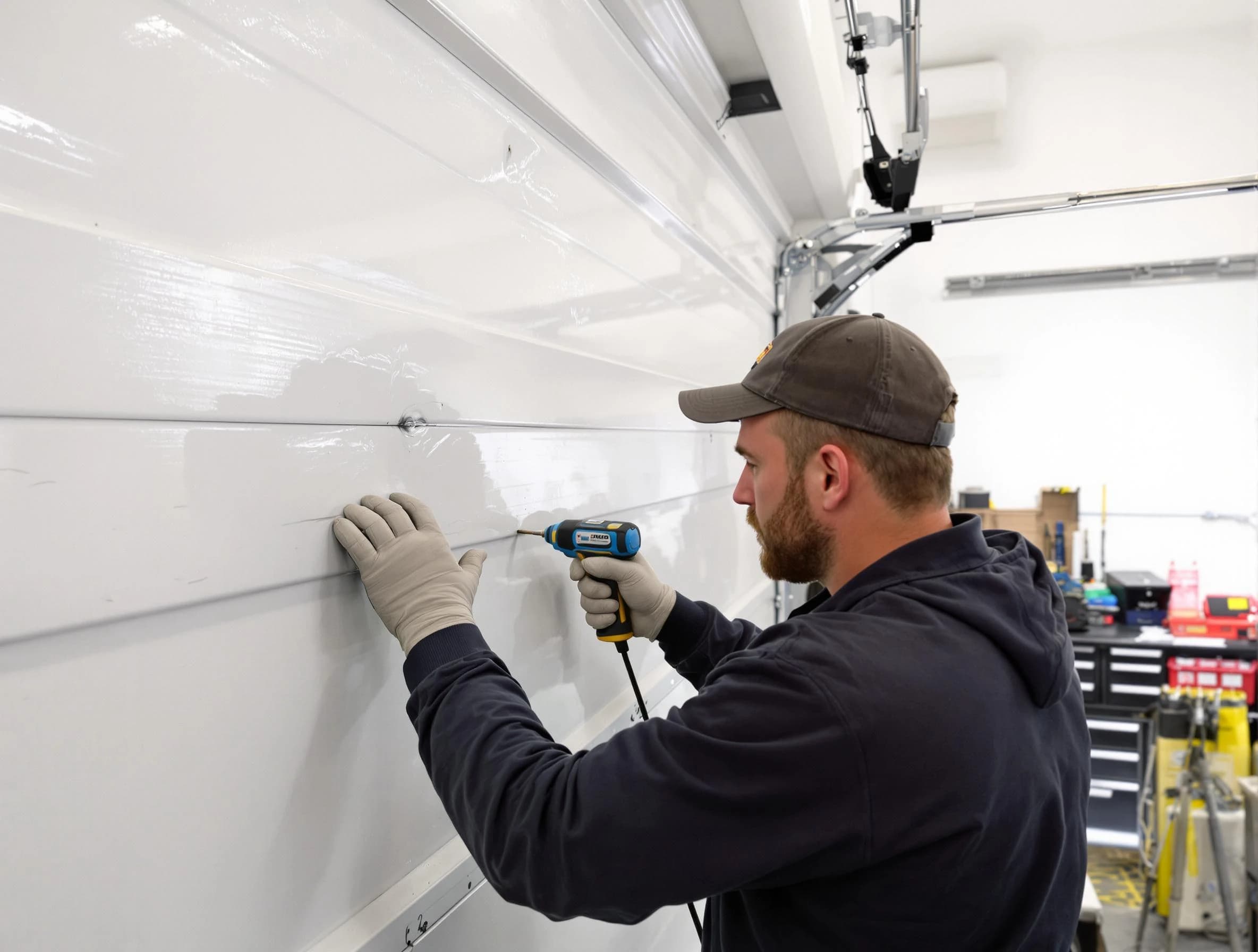 New Sewickley Garage Door Repair technician demonstrating precision dent removal techniques on a New Sewickley garage door