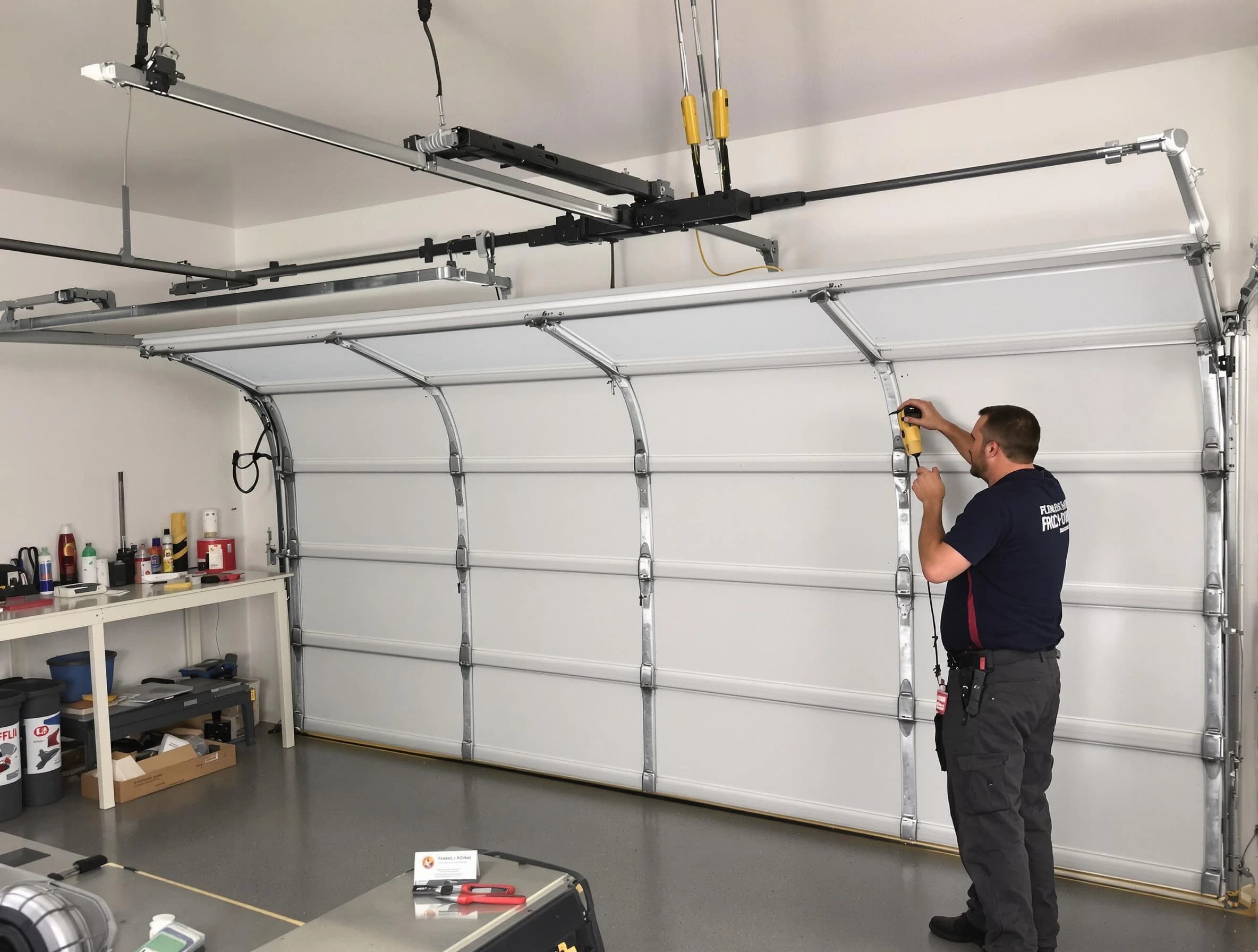 New Sewickley Garage Door Repair certified technician performing overhead door system repair in New Sewickley